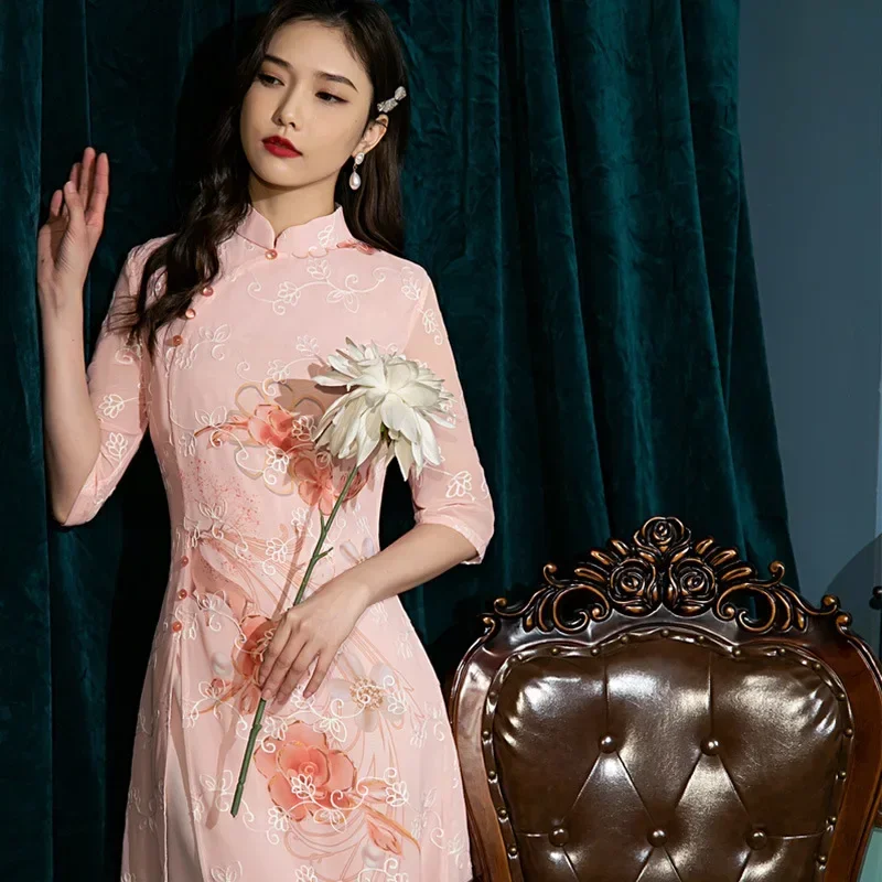 

Blue Pink Chiffon Embroidery Cheongsam Mid Long Slim Mother Dress Elegant Traditional Evening Dresses Plus Size Qipao