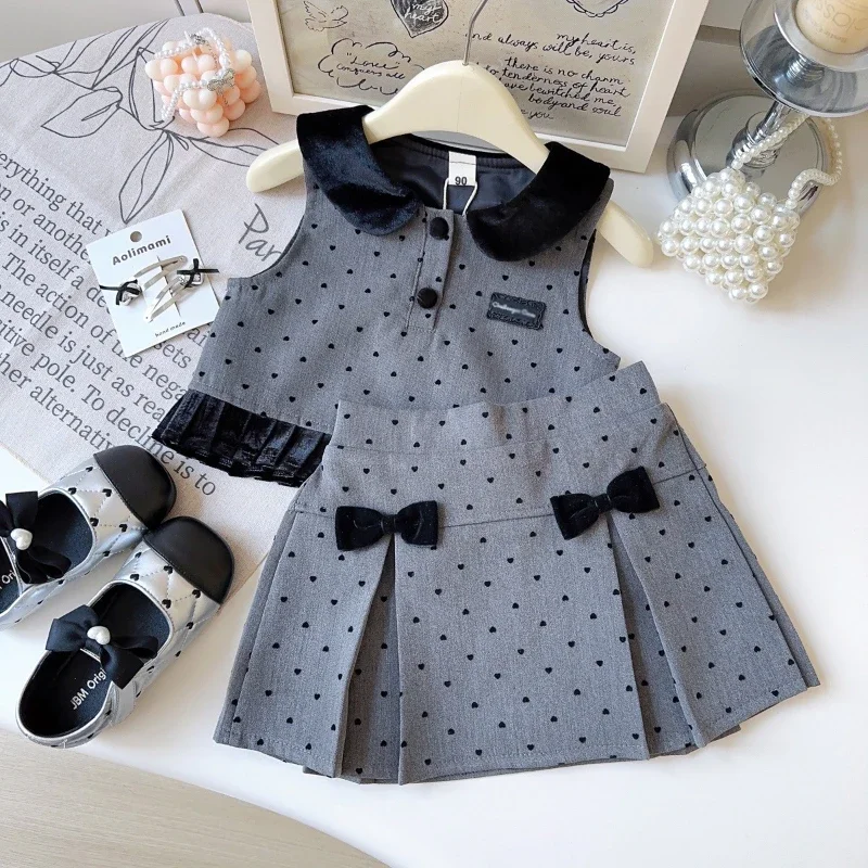 

Girl's Sleeveless Suit Autumn New Small Fragrance Girl Wave Dot Doll Collar Lace Vest+Skirt Pants Two Piece Set