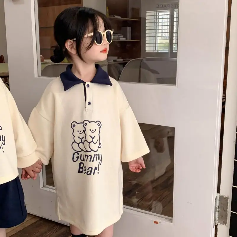 2024 New Brother Sister Costumes Boys Fashion Pullover Turn-down Collar Tops Solid Shorts Girls Cartoon Cute Dress Bear Dresses