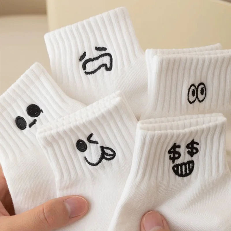 5Pairs Funny Expression White Socks Women Cute Cartoon Cotton Spring Summer Kawaii Sport Middle Tube Short Sock for Girls Female