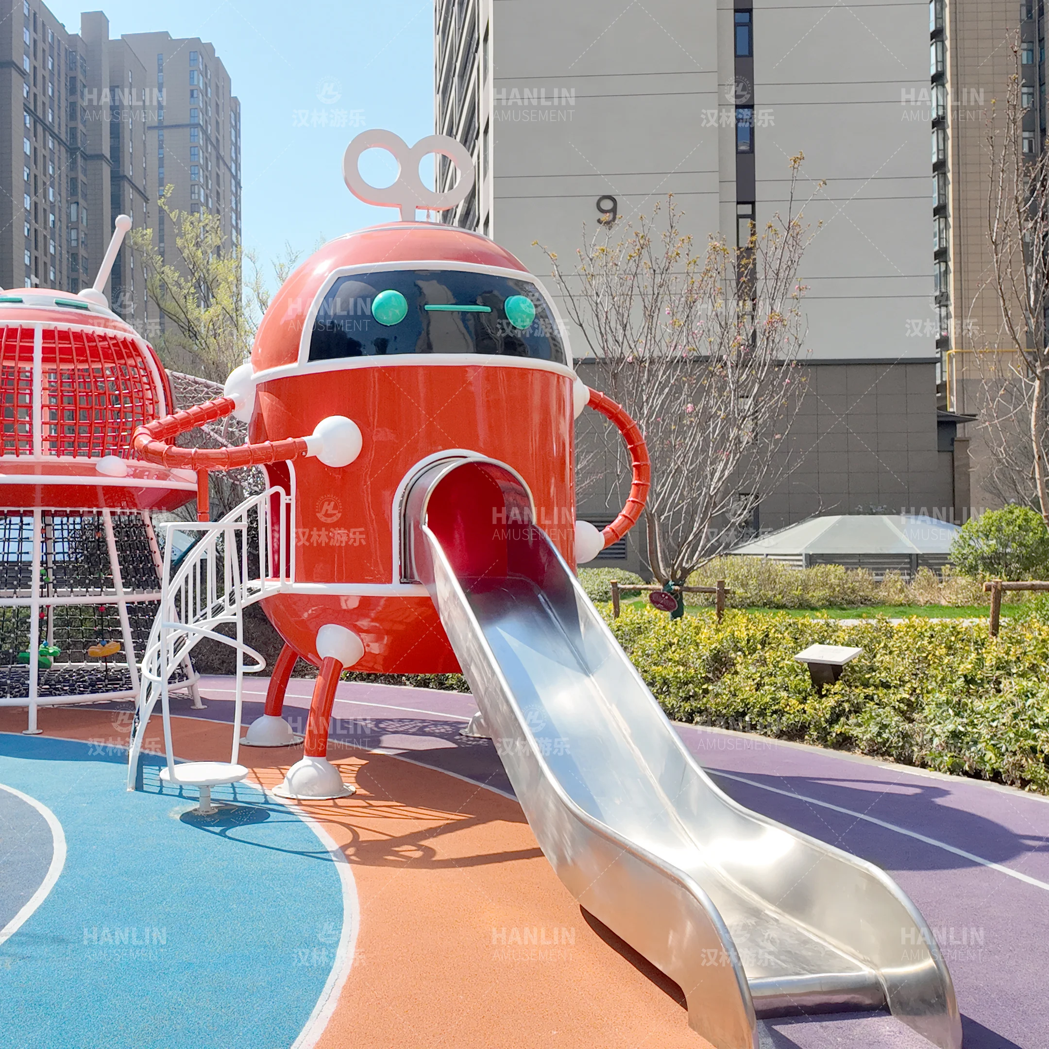 Red Robot Steel Amusement Park Playground Sets, Outdoor Entertainment Equipment, Fun Play Structures for Kids and Families