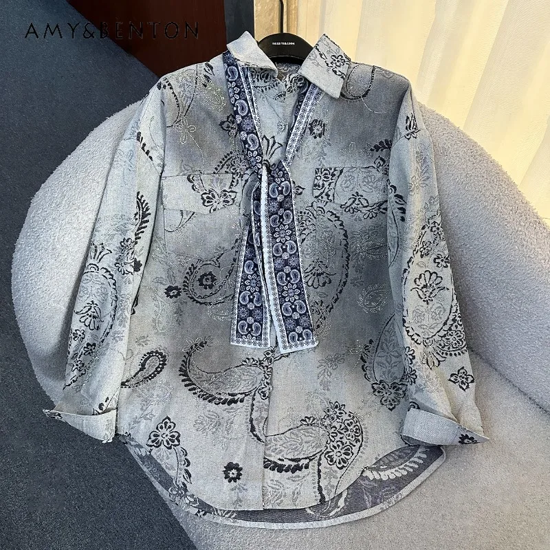 

2025 Autumn Heavy Industry New Rhinestone Denim Long Sleeves Shirt Jacket For Women's Loose Casual Fashion Mid-Length Top Blusas