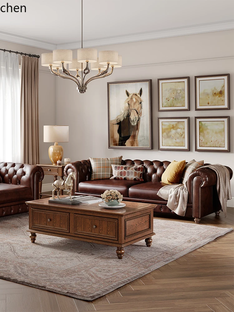 HXL Solid Wood Genuine Leather Sofa Living Room Straight Row Combination Top Layer Cowhide Sofa