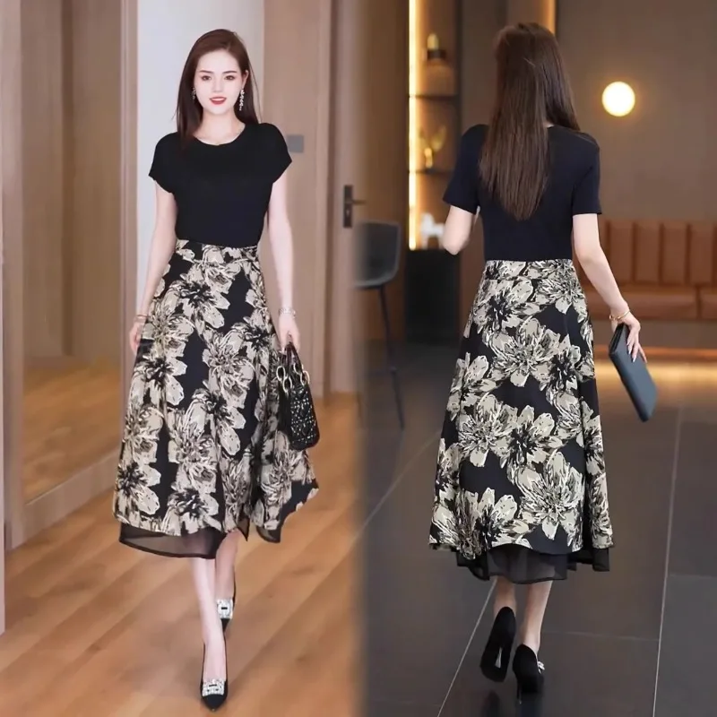 

Женский черный топ с юбкой с цветочным принтом, комплект из двух предметов, повседневное платье миди с коротким рукавом