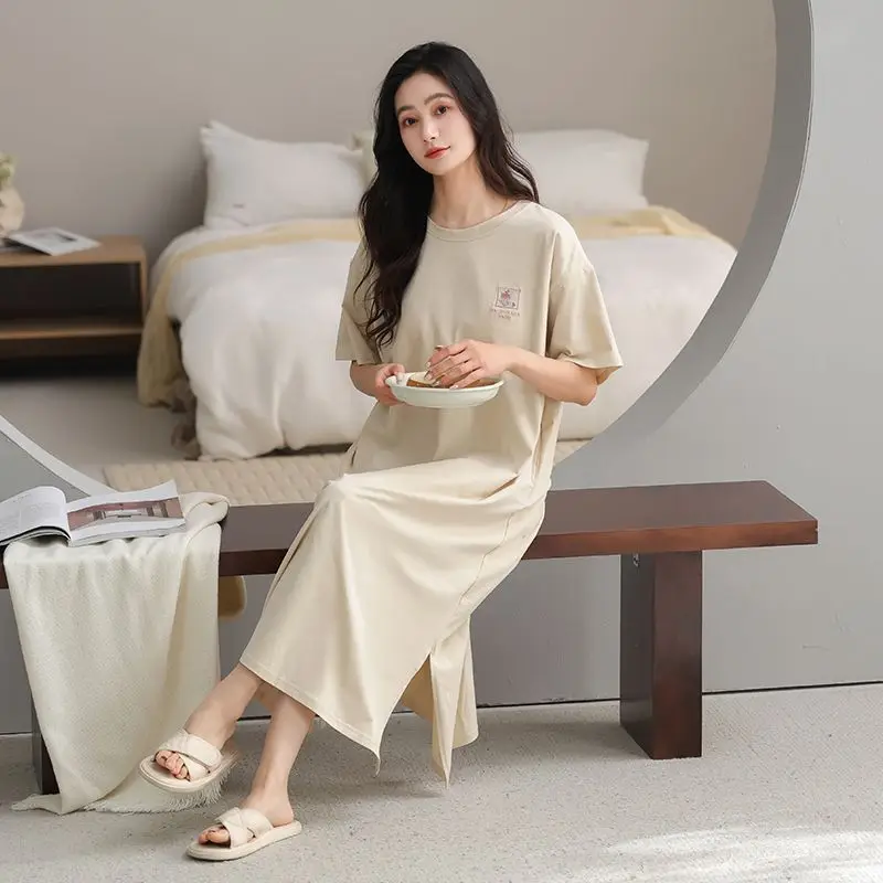 2026 Summer Short Sleeve 100% Cotton Nightgowns for Women Korean Loose Split Long Dress Sleepwear Night Dress Nightdress Nighty