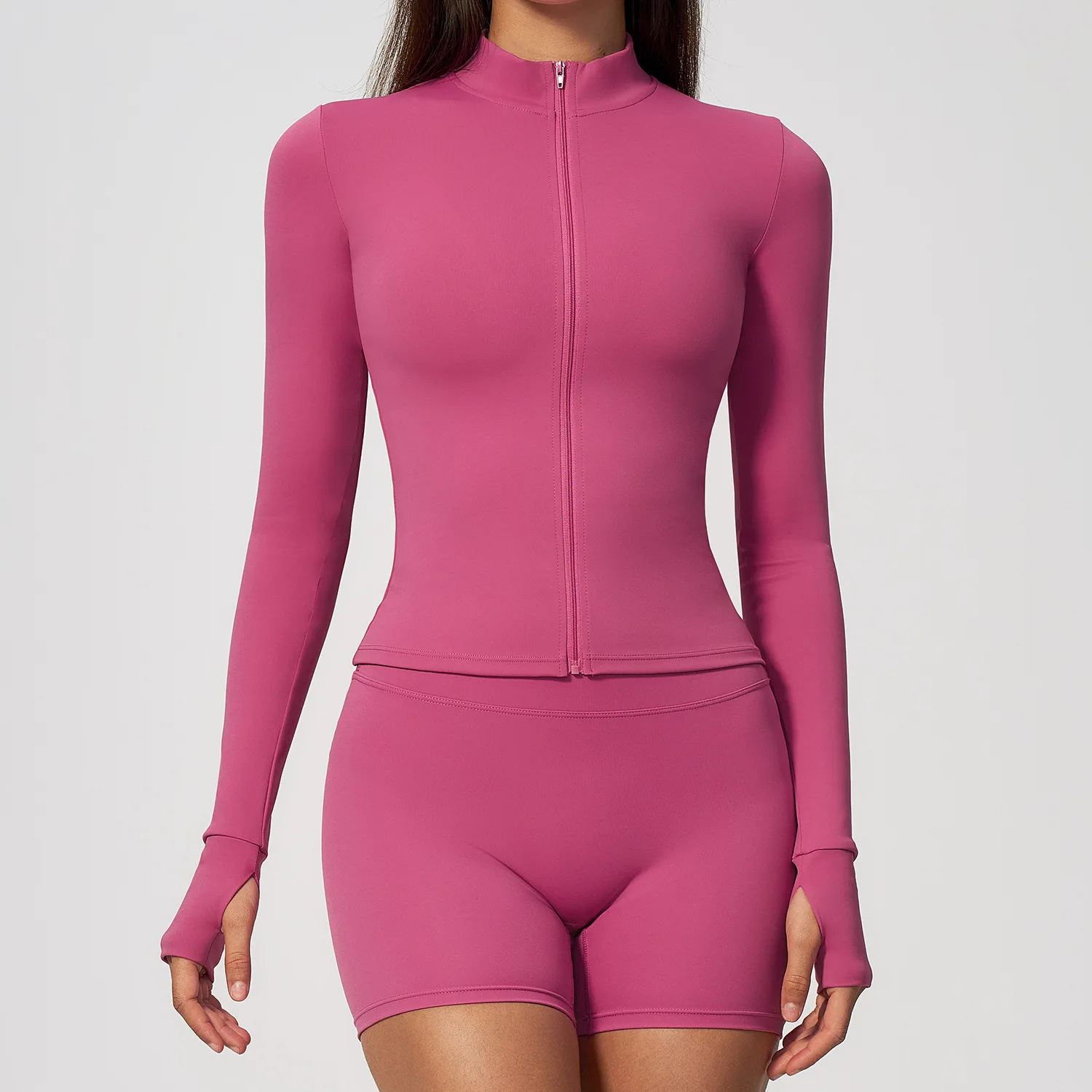 Women Full Zipper Jacket Thumb Hole Sports T-shirt Fitness Running Workout Long Sleeve Top Gym Slim Fit Crop Yoga Long Sleeved