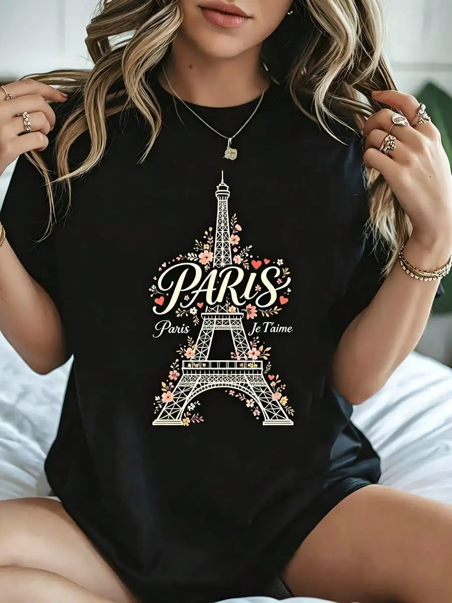 2026 Fashion New Women Crew Neck Short Sleeve T Shirt Floral Eiffel Tower Paris Je T Aime Graphic Print Summer Casual Vacation Gift For Her Basic Top Tee