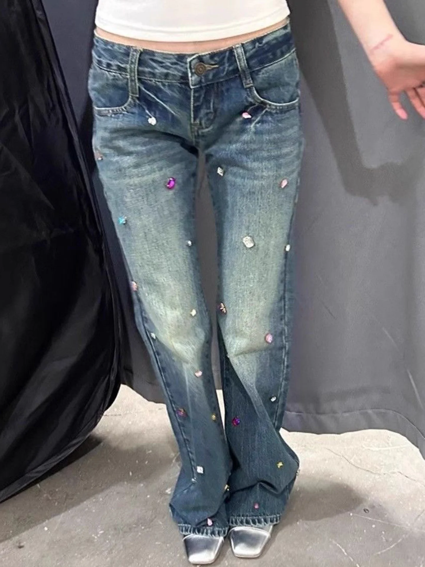 

Женские летние джинсы с низкой талией и широкими штанинами, в американском ретро-стиле, прямого свободного кроя, с эффектом потертости, со стразами, повседневные брюки