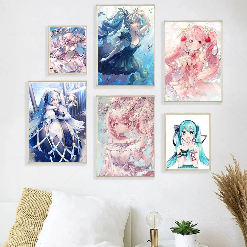 Cartoon Character Poster Japanese Anime Idol Singer Miku Canvas Print Aesthetic Wall Art Pictures Living Room Home Bedroom Decor