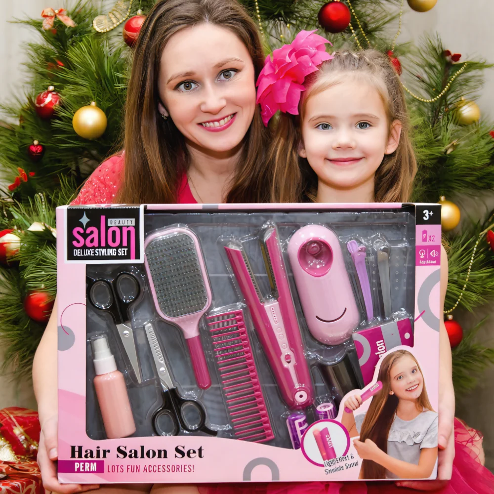 14-teiliges Set für Kleinkinder und Mädchen, Schönheitssalon, Rollenspiel-Haarset mit Glätteisen und Styling-Zubehör, Weihnachts- und Geburtstagsgeschenk