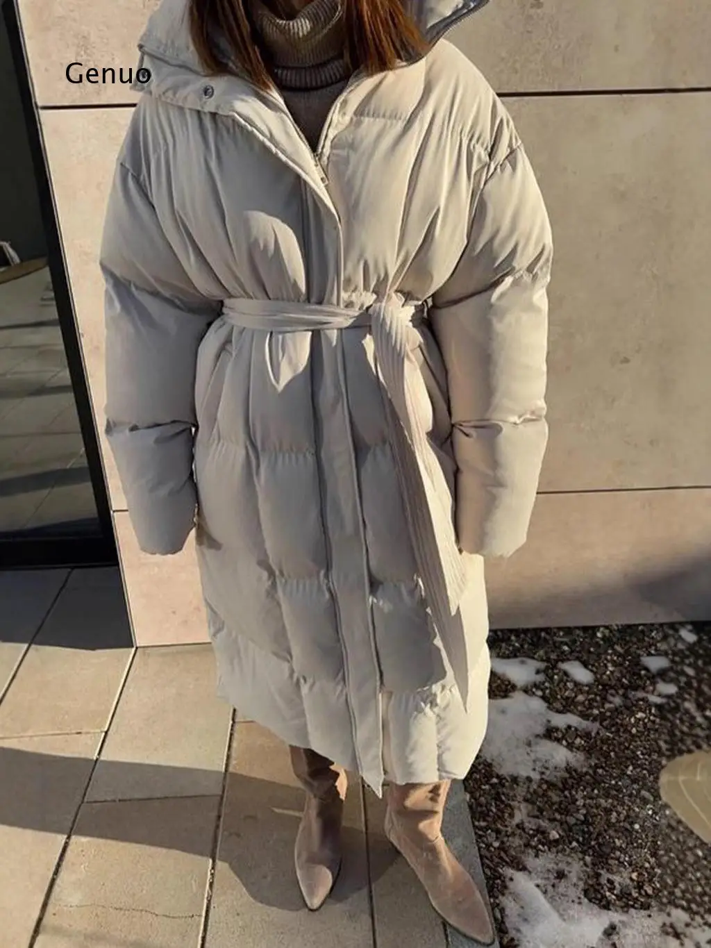 2026 Women Slim Fit Long Padded Coat Belted Waist Thickened Winter Warm Cotton Jacket Outerwear