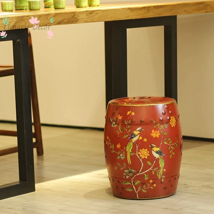 Ceramic drum stool - yellow home living room ornament - decorative antique chair - gloss finish
