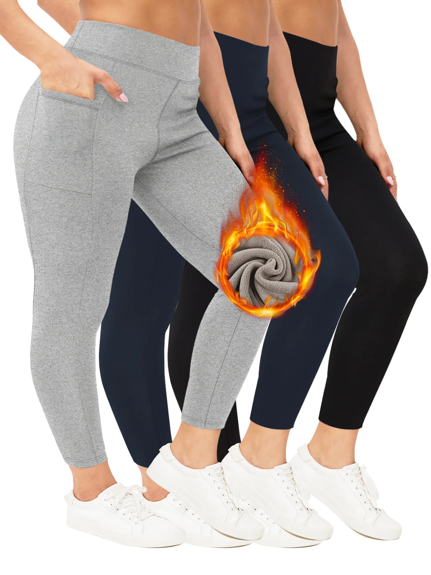 

High-Waist Fleece-Lined Plus-Size Leggings European Size Pocket Autumn/Winter Thickened Thermal Women's Pants for Outdoor Use