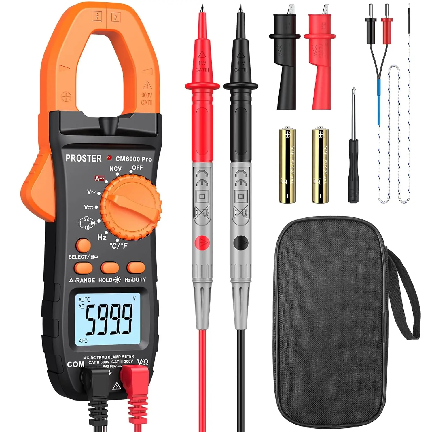 

TRMS 6000 Counts Clamp Meter 800A AC/DC Current 600V Voltage NCV Continuity Diode Test Auto Range with Backlit Flashlight
