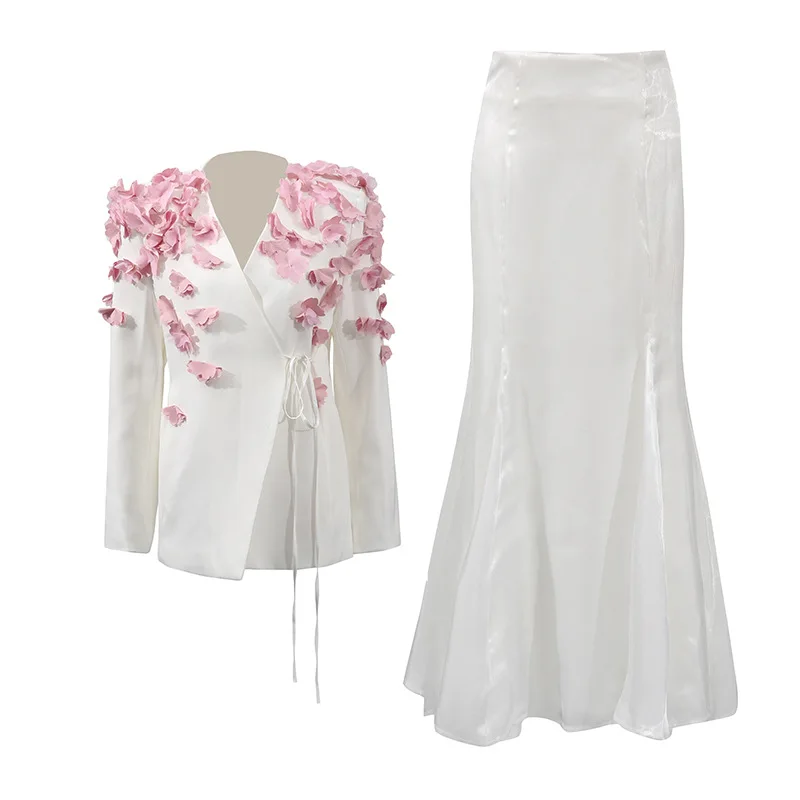 

SuperAen Korean Style Sweet 2025 Summer New Pink Three-dimensional Flower Suit High-waist A-line Elegant Skirts Two-piece Sets