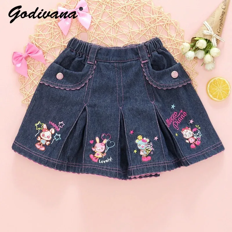 

Cute Little Girls Japan Embroidery Denim Skort Kids Summer New Cartoon Heart Rabbit Elastic Waist Scalloped Edge Pleated Skort