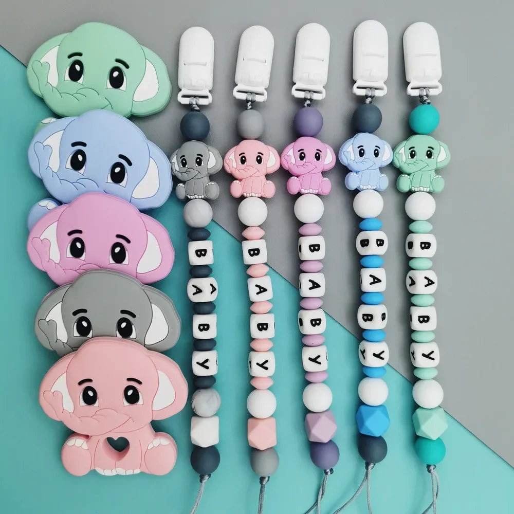 Clips de tétine en forme d'éléphant pour bébé, lettres personnalisées, laisse à mâcher, supports en os, cadeaux créatifs