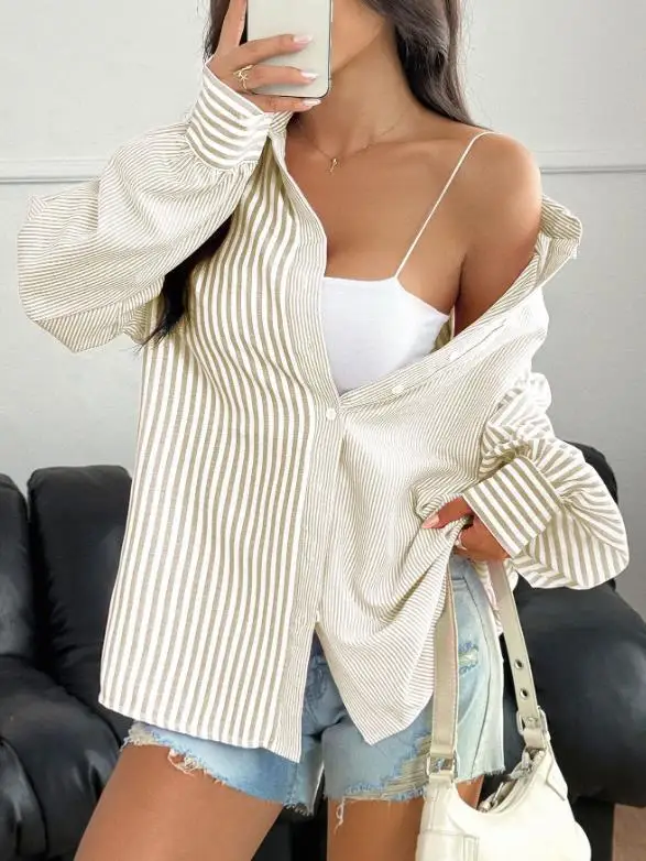 

Women's Shirt Spring and Summer New Fashion Casual Commuting Style Striped Print Lapel Button Front Loose Long Sleeved Shirt