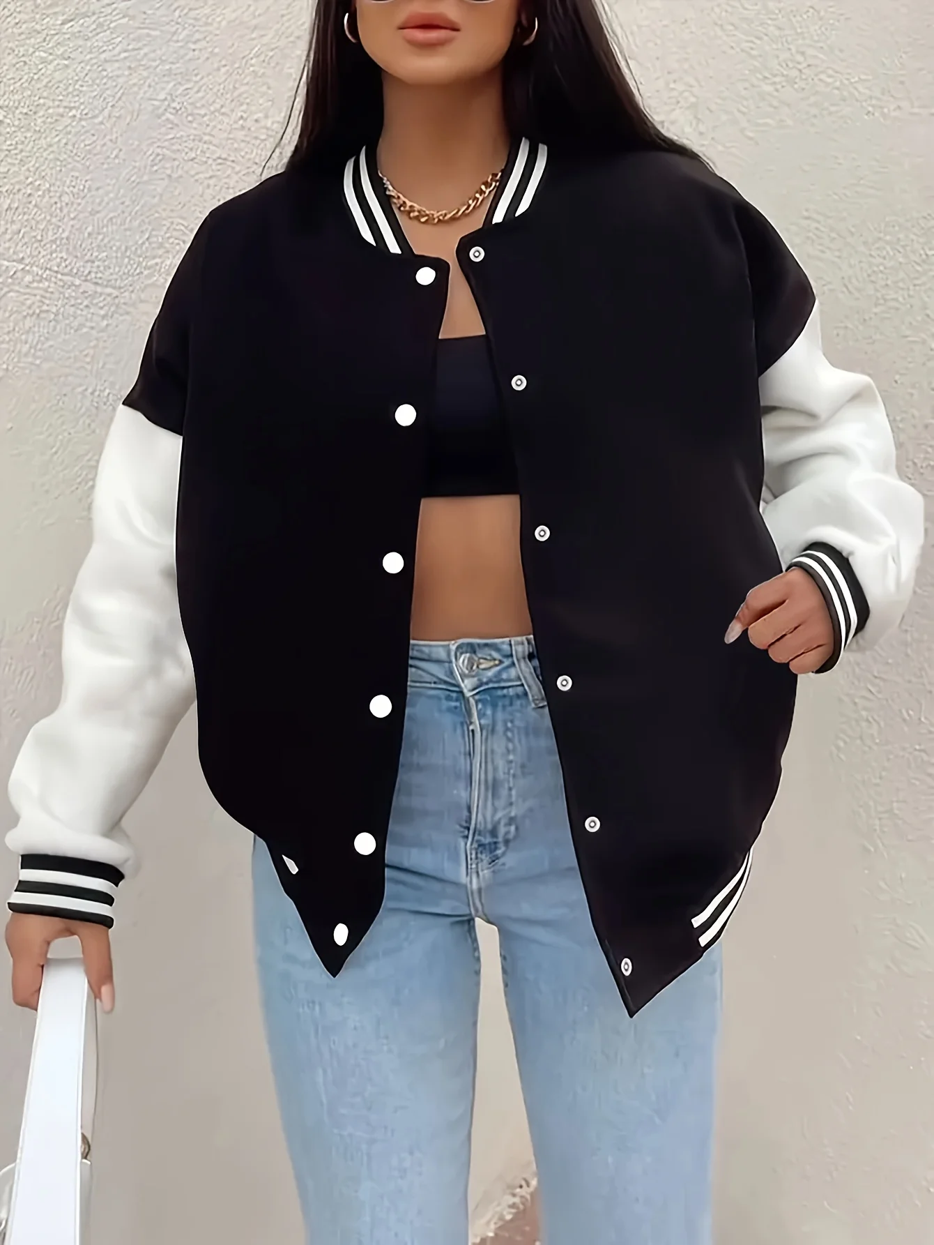 

Women's casual plus size baseball jacket, warm texture and contrast cuffs for autumn and winter versatile outerwea