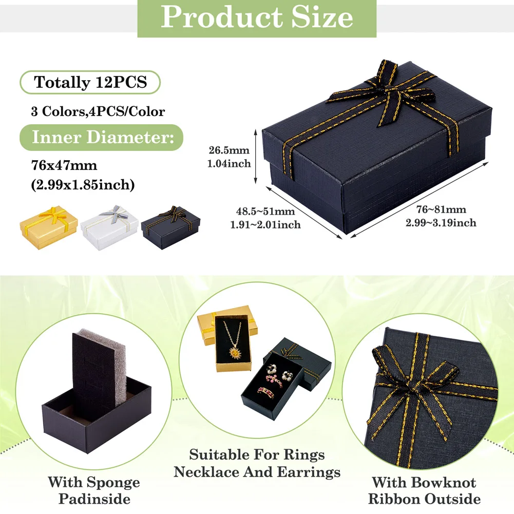 12Pcs Rectangle Paper Jewelry Set Gift Storage Boxes with Bowknot Sponge Pad for Jewelry Necklace Rings Gift Display Packaging