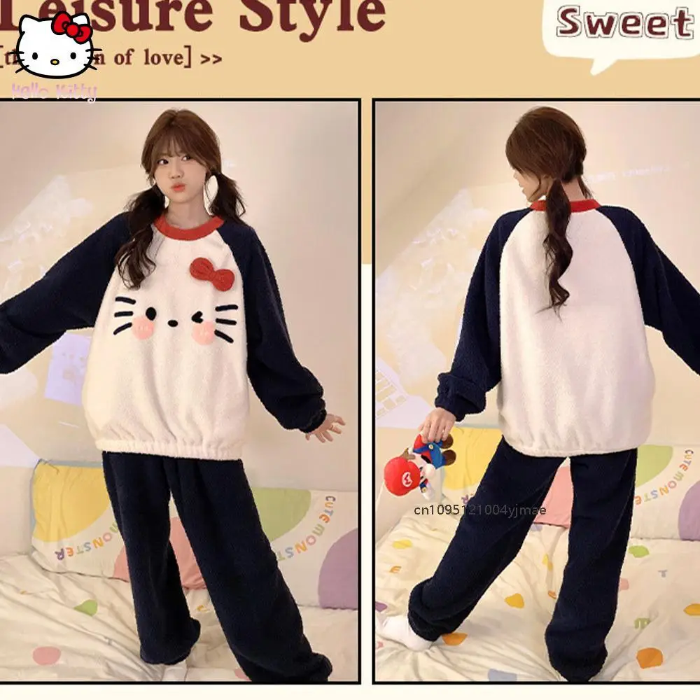Sanrio süßes Heimkleidungsset, süße Mädchen-Nachtwäsche, langärmelig, Rundhalsausschnitt, Winter, warm, halb flauschig, lässig, Cartoon, Outdoor-Kleidung