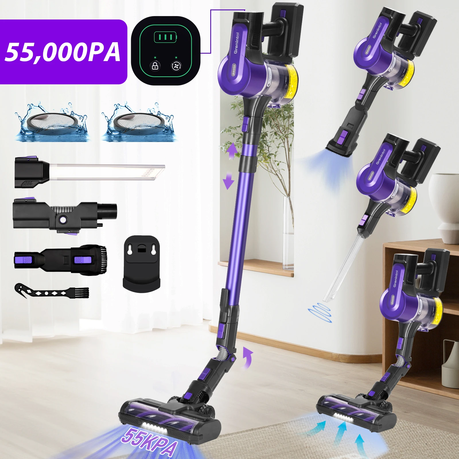 Grenintol Akku-Staubsauger 55000 Pa 500 W mit Touchscreen, Anti-Tangle-Bürste, 60 Minuten Laufzeit,