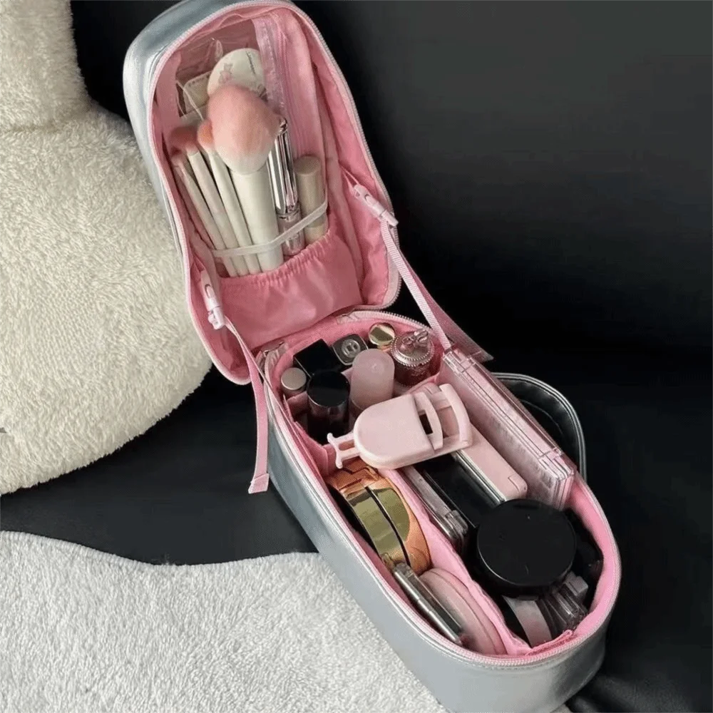 PU Leather Silver Makeup Bag Multi-functional Large Capacity Vertical Toiletry Handbag Waterproof with Handle