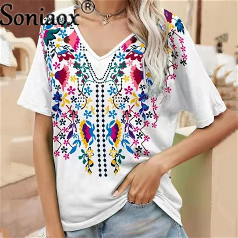 

2022 New Western Ethnic Style Short-Sleeve T-Shirt Summer Women's V-Neck Loose Top Retro Printing Casual Lady Pullover T-Shirt