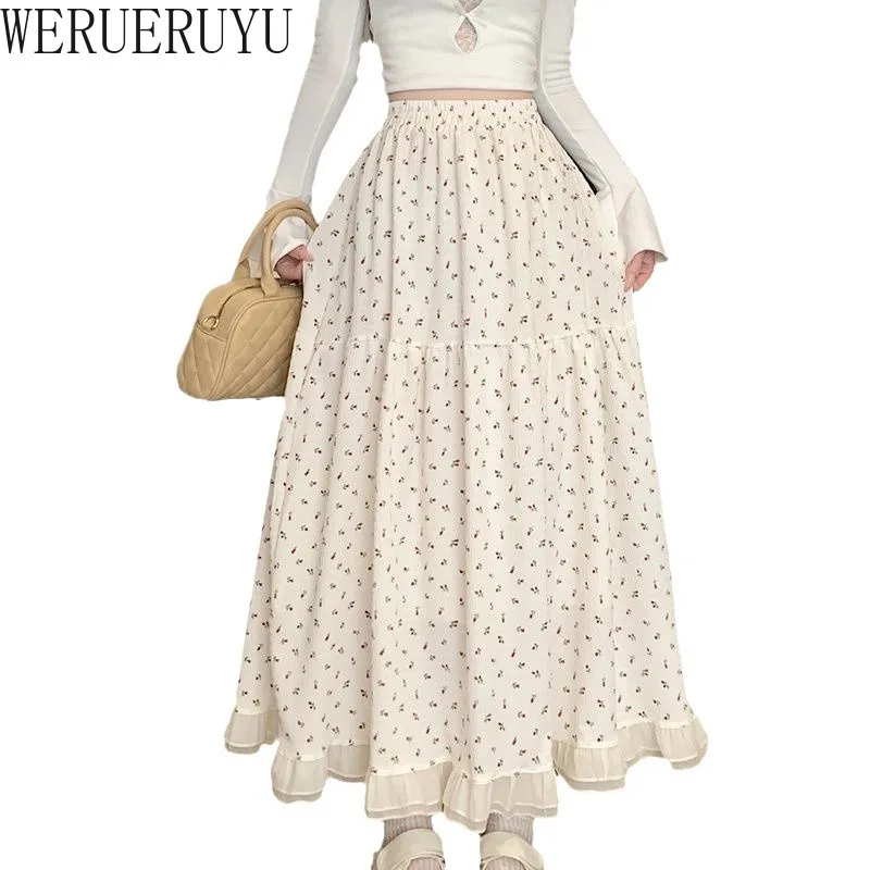 Summer White Floral Long Skirt Womens Y2k Clothes Fashion Elastic High Waist Casual Elegant Spliced Gauze Skirts for Women 2024
