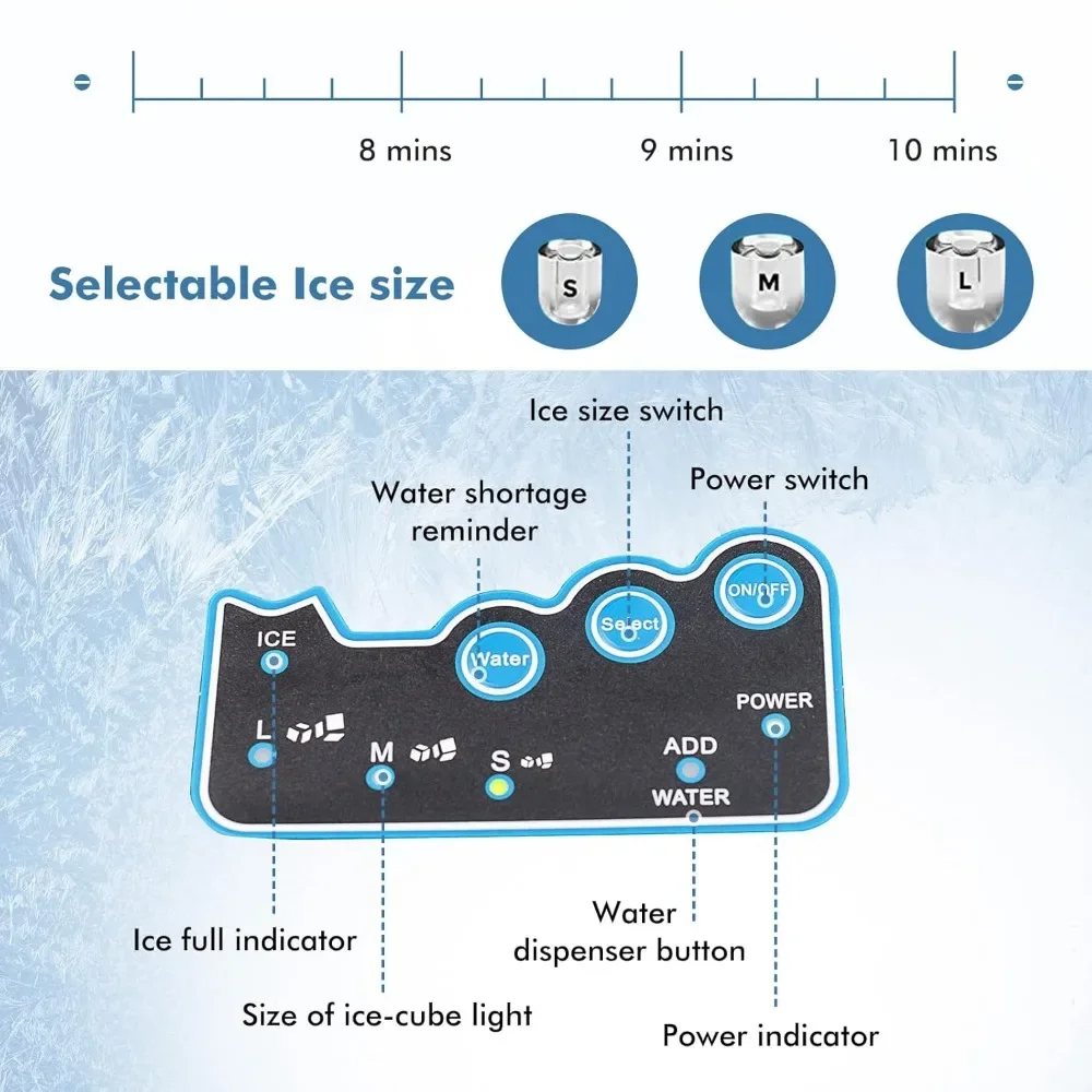 Distributeur d'eau intégré pour machine à glaçons, 48lb par jour, cubes de glace de taille S/M/L, panier de stockage rapide de 5lb