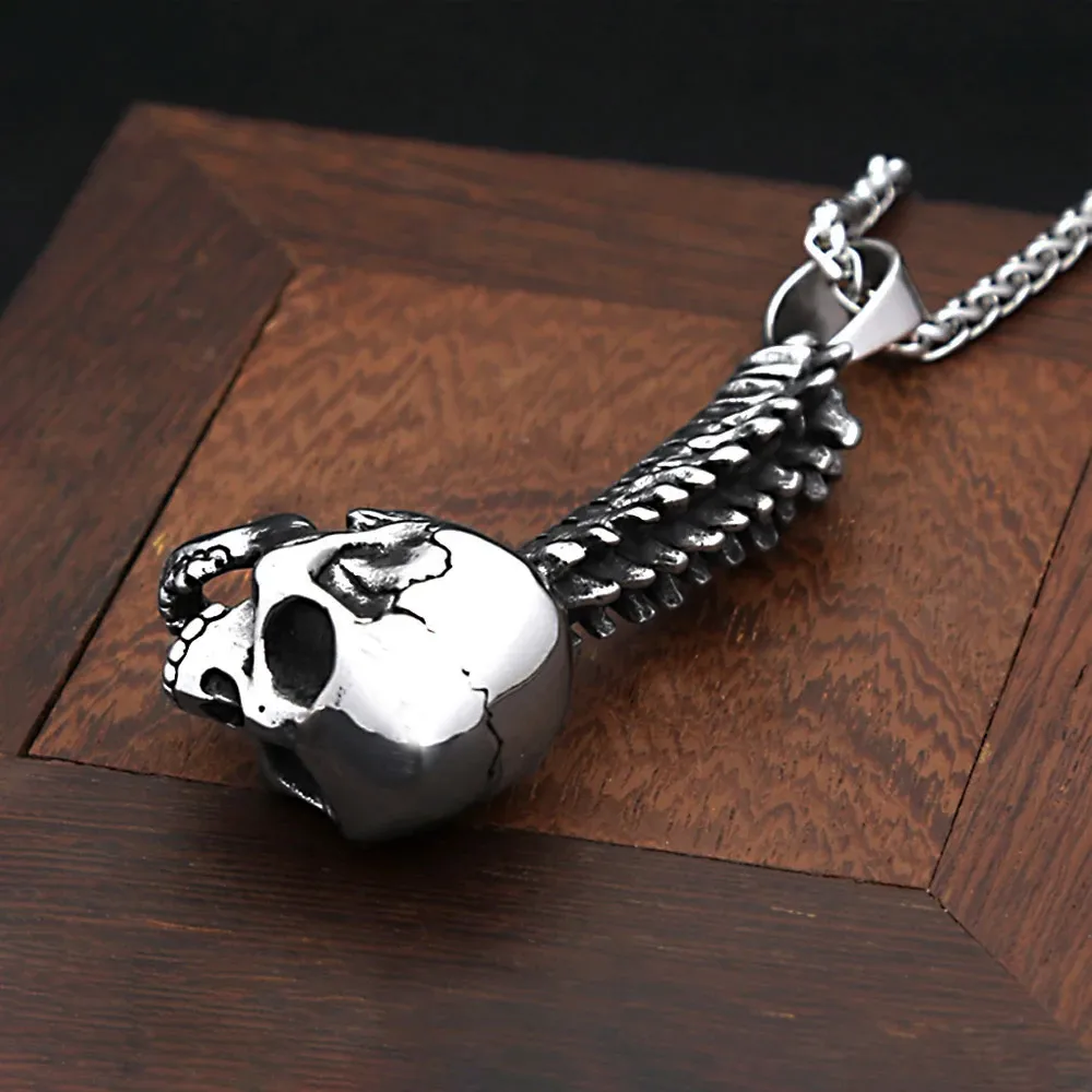 Unisex-Halskette mit gebogenem Schädel-Skelett-Anhänger aus Edelstahl, Vintage-Knochen-Anhänger, Gothic Hip-Hop Biker Mode-Schmuck Geschenk – Detail 7