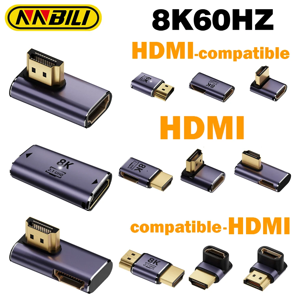NNBILI HDMI 2.1 Adapter HDMI to HDMI 2.1 Elbow/Straight Converter 48Gbps 8K@60Hz 4K@120Hz for HDTV Projector PS4 PS5 Laptop PC