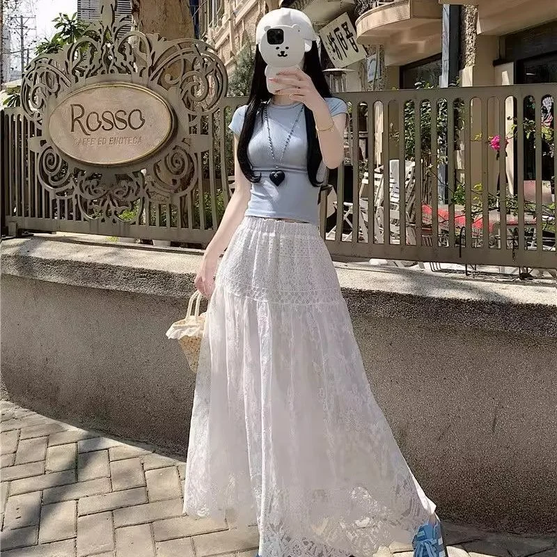

2025 Полая качественная белая кружевная французская юбка с высокой талией, длинная юбка, новая юбка с эластичной резинкой на талии
