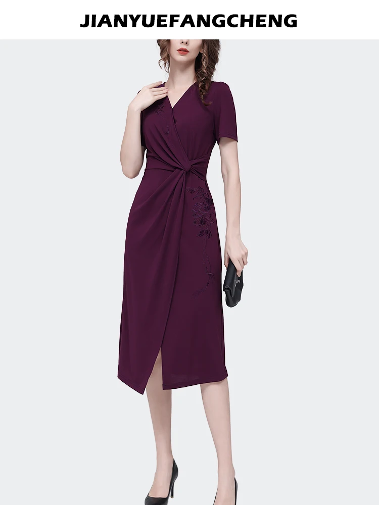 Elegant Fashion Women\' Summer Embroidered Short Sleeve V-neck Purple Dress Sexy Ladylike Cinched Waist Knee-length Wrap Dresses