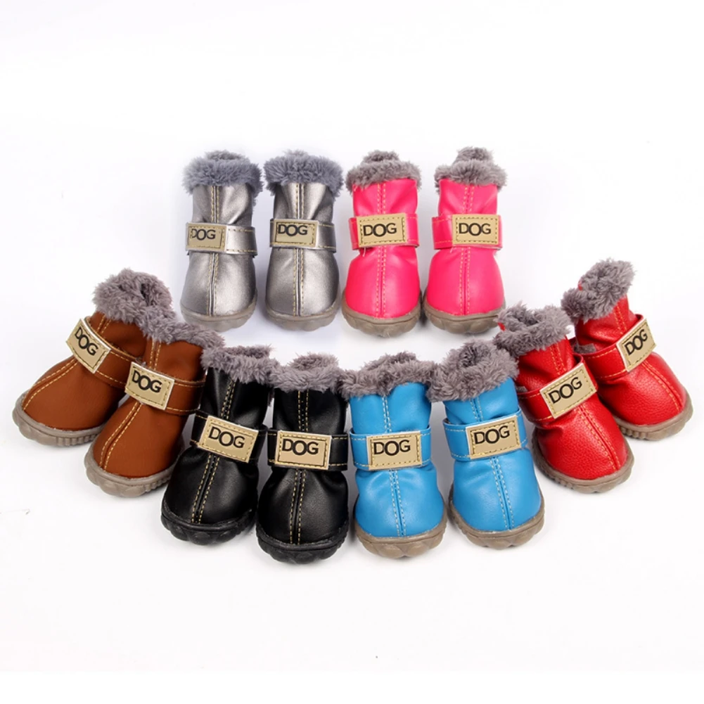 Dog Outdoor Shoes PU Leather Dog Boots with Plush Lining Anti-Slip Sole Running Shoes for Chihuahua Puppy Paw Protector