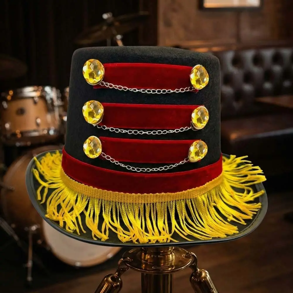 Tasseled Design Vintage Fascinator Hats Gold Fringe Red Black Color Black Circus Hat Gold Chains Gold Buttons Ringmaster Top Hat - view 4