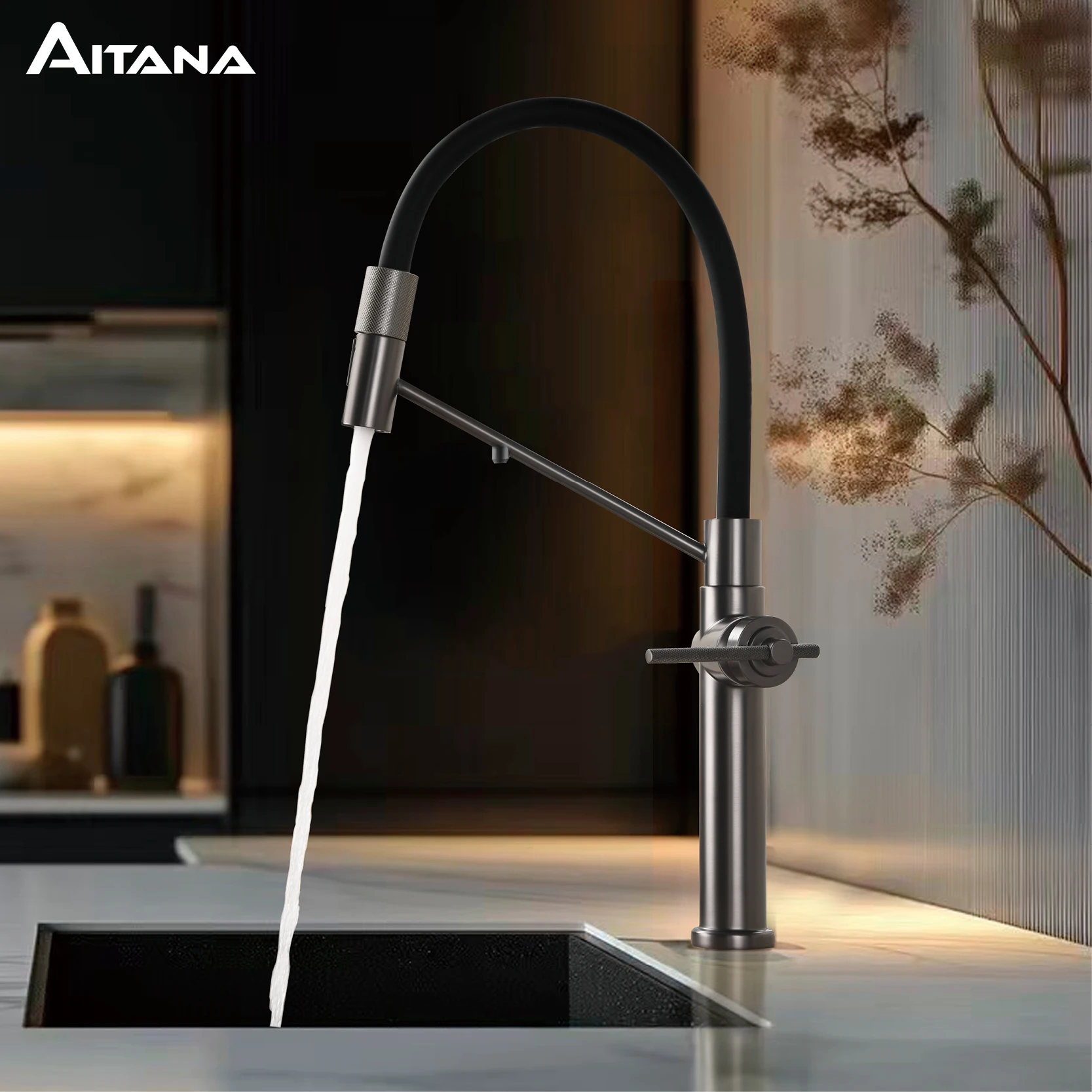 Modern Gun Grey Brass 3-in-1 Single Hole Kitchen Faucet Separate Filter Water Tap Pull Out Sprayer Hot&Cold Sink Mixer Tap
