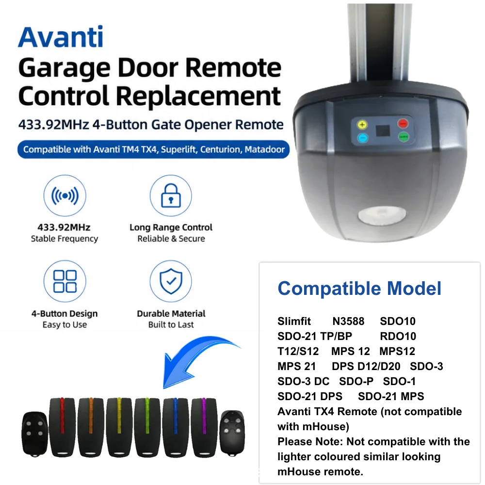 

Avanti TX4 Garage Door Remote Control Replacement 433.92MHz Rolling Code GNS EURO Transmitter for Superlift Centurion RDO1 Opene
