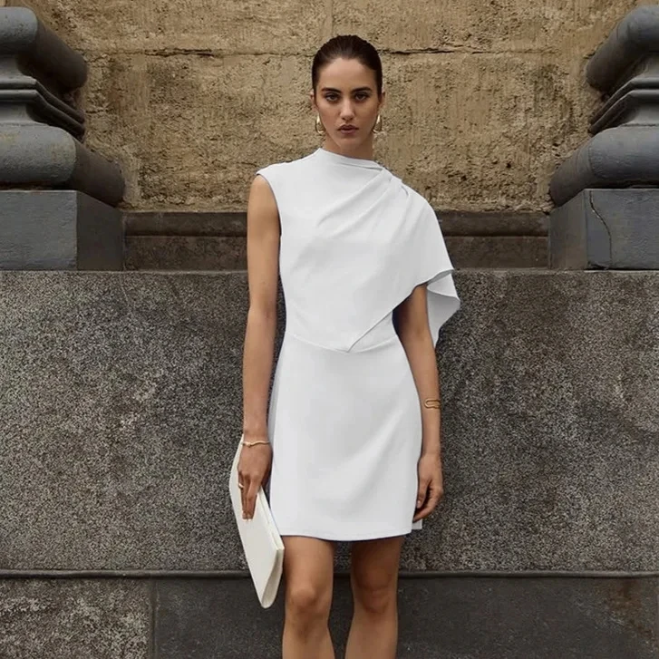 

2026 Summer Design Sense White Irregular Sleeveless Waist Cinched Temperament Commute Versatile Dress Women