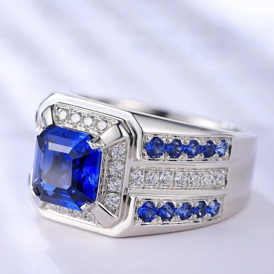 European - American Fashion New Men's Jewelry Inlaid Blue Square Stone Grand Luxury Men's Ring Wholesale Size 7-13 - view 2