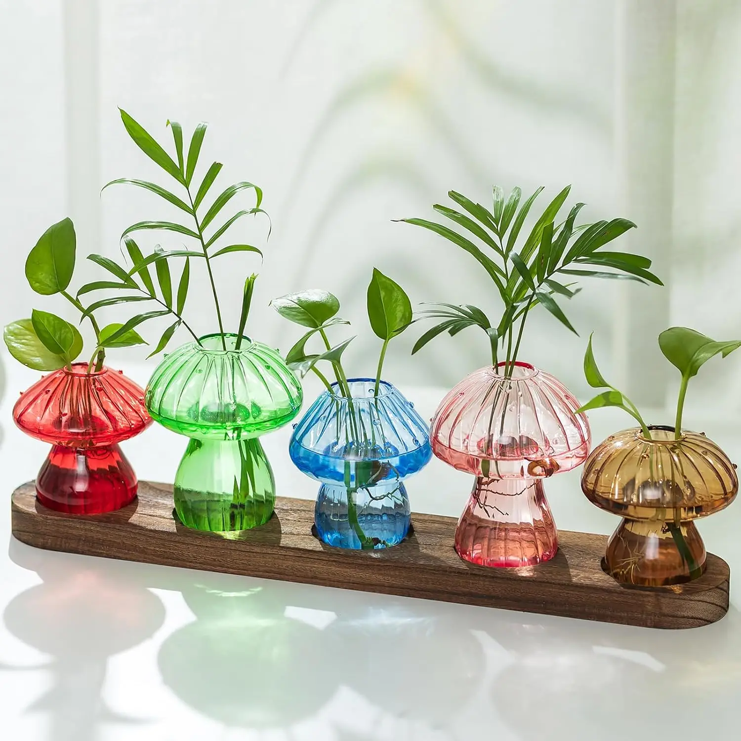 

Glass Propagation Station Set of 5 Mushroom Planters with Wooden Stand for Home Office Decor Plant Lovers Gift