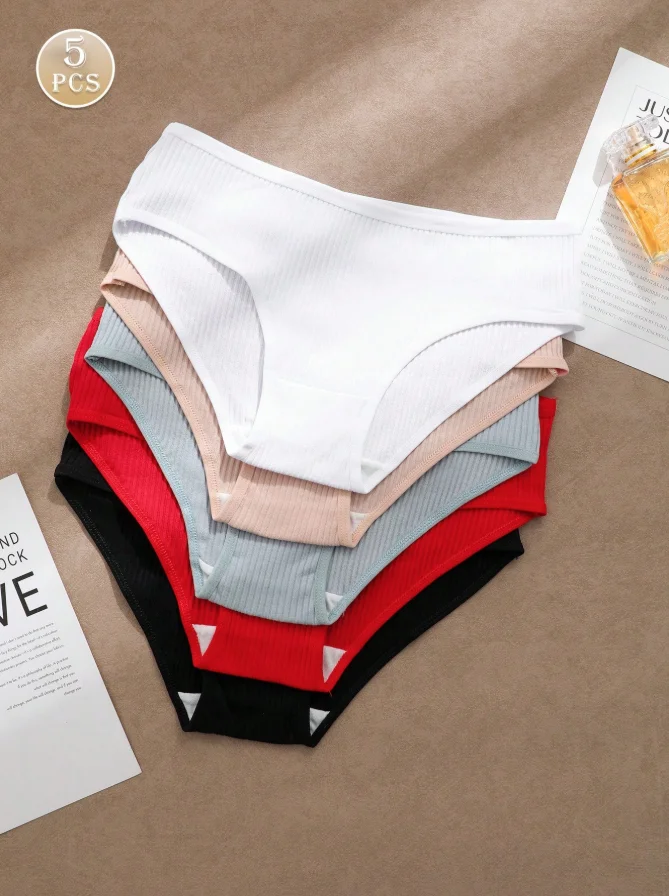 Multi Tone Ribbed Cotton Ladies Underpants 5PCS Low Waist Elastic Stretchy Breathable Simple Solid Women Daily Briefs XS-XL