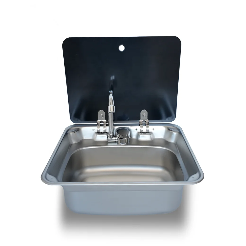 RV العربة RV بالوعة حوض غسيل يدوي واحد بالوعة مع غطاء من الزجاج المقسى 304 الفولاذ المقاوم للصدأ لمطبخ قارب القافلة RV