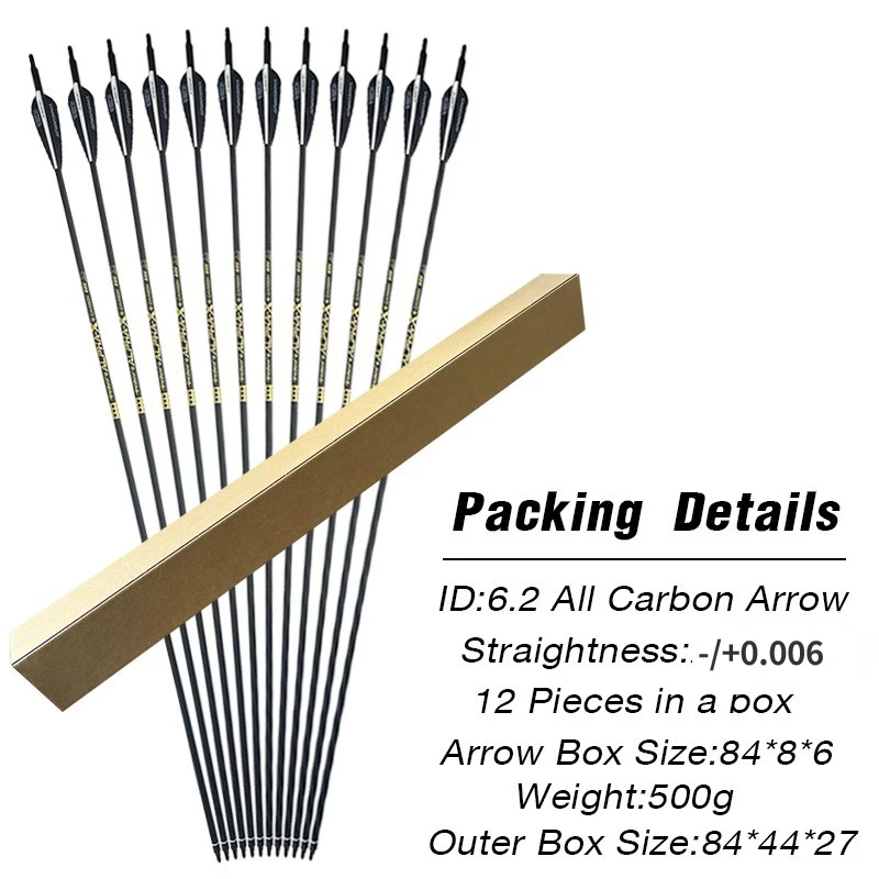 12pcs PANDARUS Archery ID6.2mm Pure Carbon Arrow (Alpha-X Series) Straightness -/+0.006 Pure Carbon Arrow Bow SP300-SP800