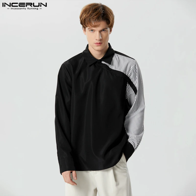 INCERUN 2023 Men Shirt Striped Patchwork Lapel Long Sleeve Casual Men Clothing Loose Streetwear Fashion Leisure Camisetas S-5XL