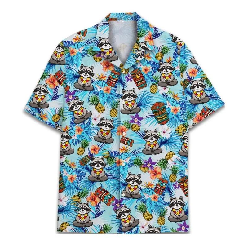 

Coconut Raccoon Pattern Hawaiian Shirt For Men Retro Tribe 3D Printed Short Sleeves Summer Loose Aloha Shirts Lapel Tops Blouses