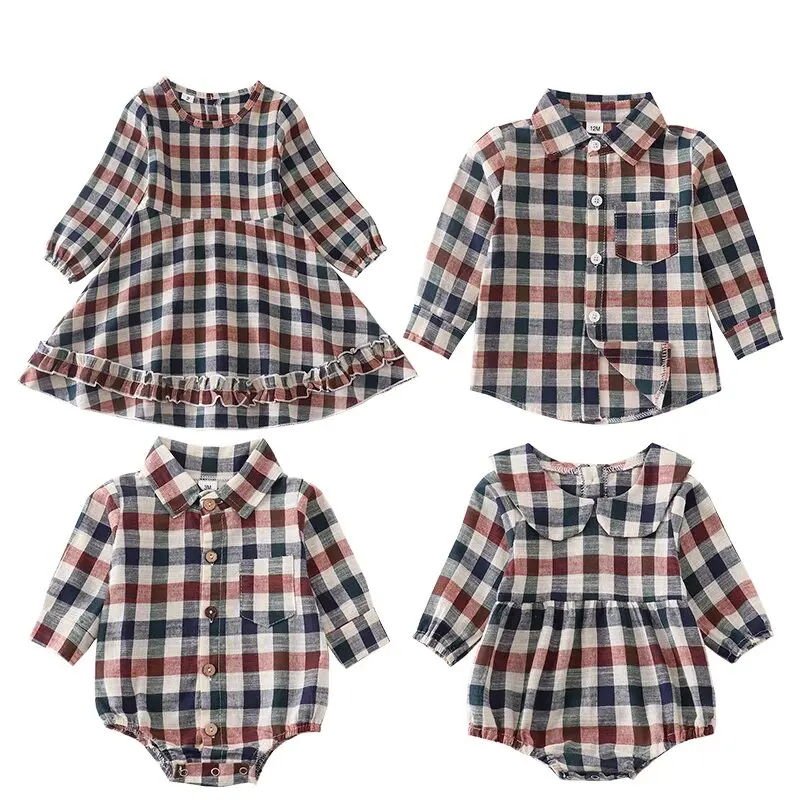 Brother Sister Girls Kids Dress Matching Clothes 2024 New Lattice Long Sleeve Boys T-shirt Shirt Children Clothing Baby Romper