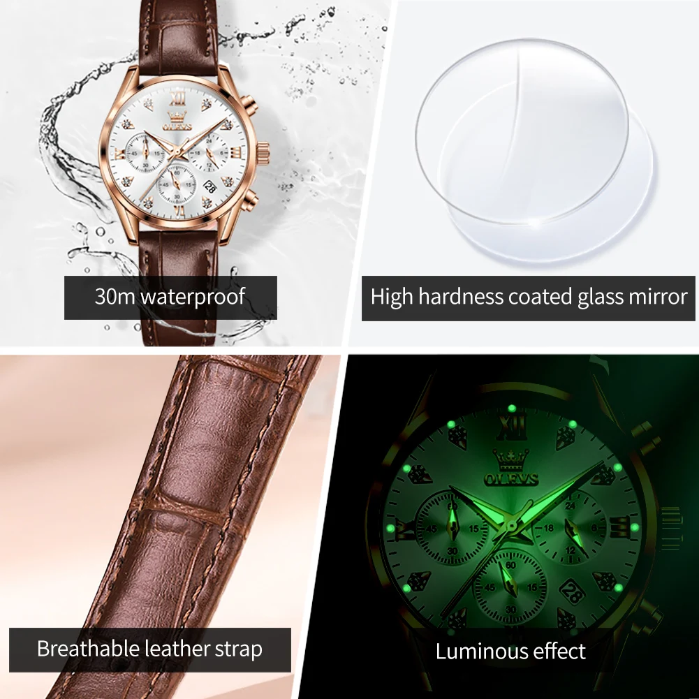 OLEVS 2025 New Arrival Womens Watches Top Brand Luxury Quartz Watch for Women Leather Strap Waterproof Chronograph Watch Ladies