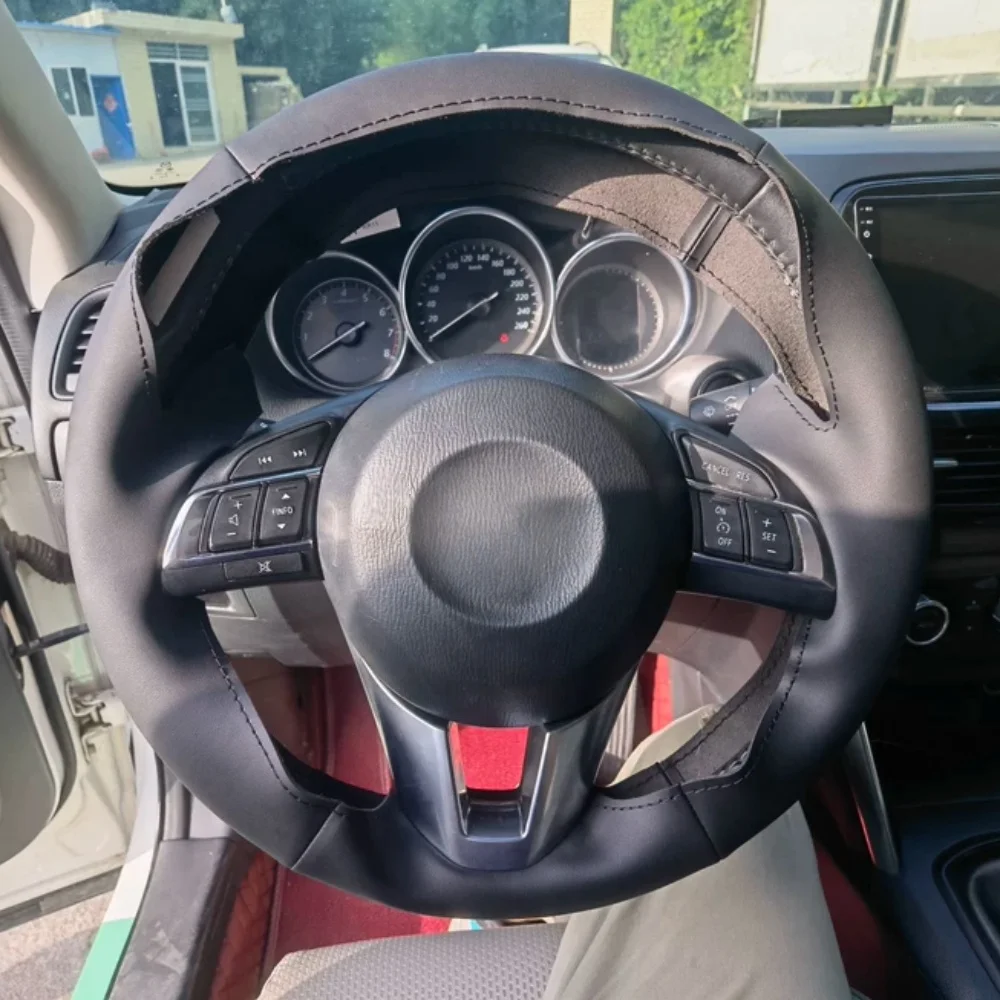 Hand-Stitched Black Wear Resistant Non-slip Microfiber Leather Steering Wheel Cover For Mazda 3 6 Auto Interior Accessories