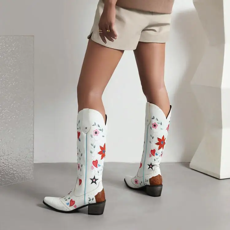 IPPEUM White Cowboy Boots For Women Leather Embroider Country Western Fashion Woman Chunky Heels Shoes Knee High Cowgirls Boots